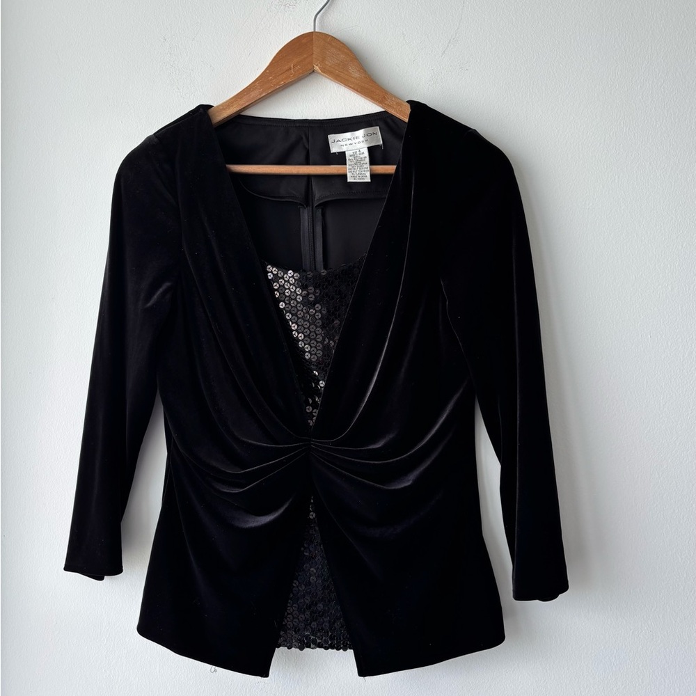Vintage Jackie Jon Blouse Black Velvet Sequin 3/4 Sleeve Twofer Womens 4 Formal - Picture 1 of 9